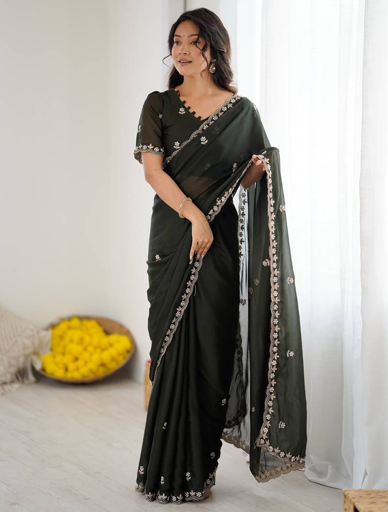 Mehendi Green Georgette Saree With Embroidery & Moti Work