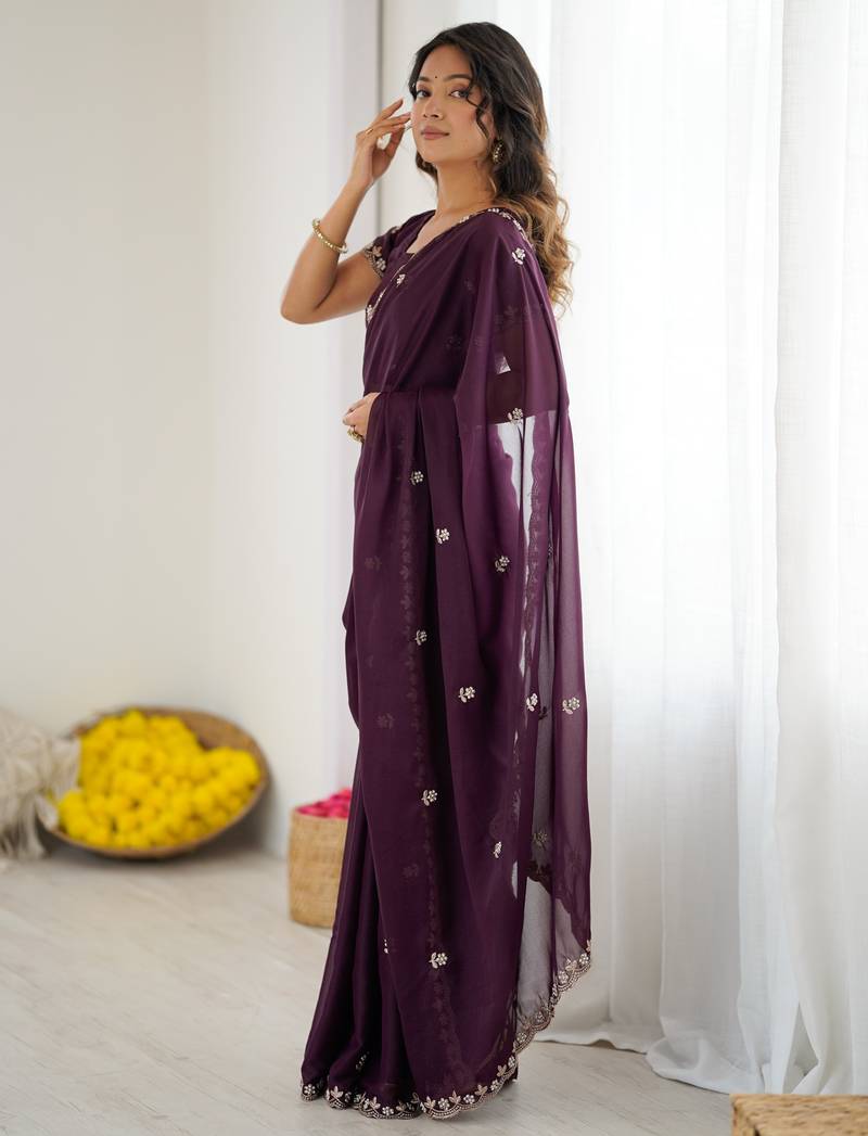 Wine Georgette Saree With Embroidery & Moti Work