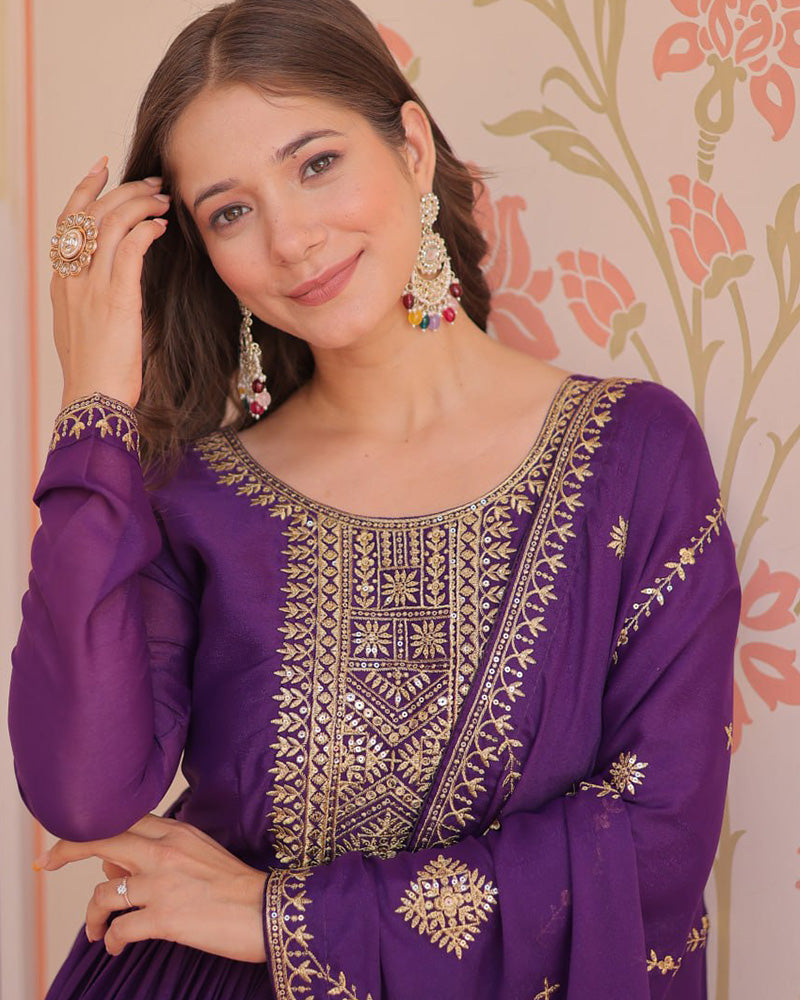 Purple Color Star Georgette Embroidered Gown