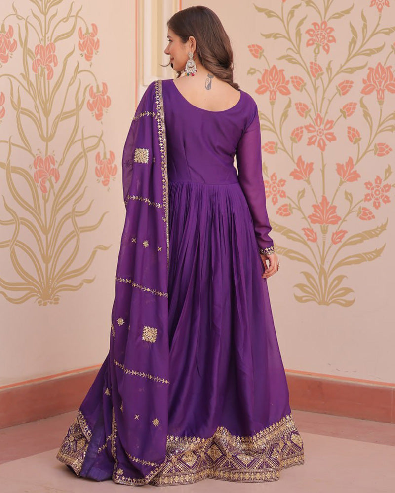 Purple Color Star Georgette Embroidered Gown