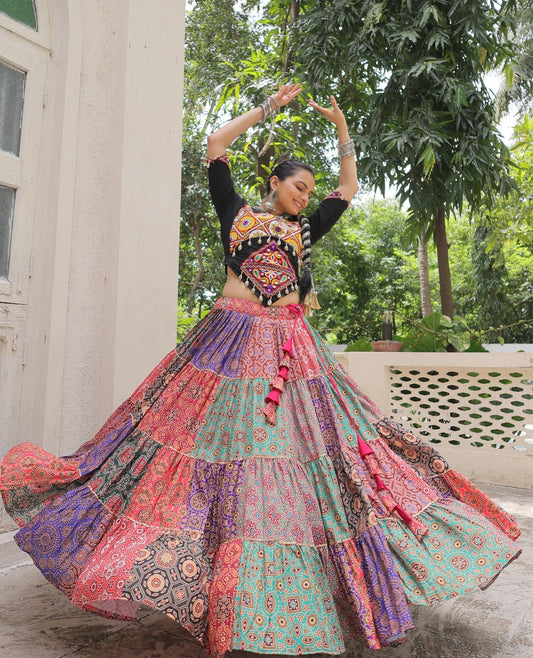 Traditional Wear Navratri Lehenga Choly Cotton Print with With Gotta lace Work 12 meter Flair