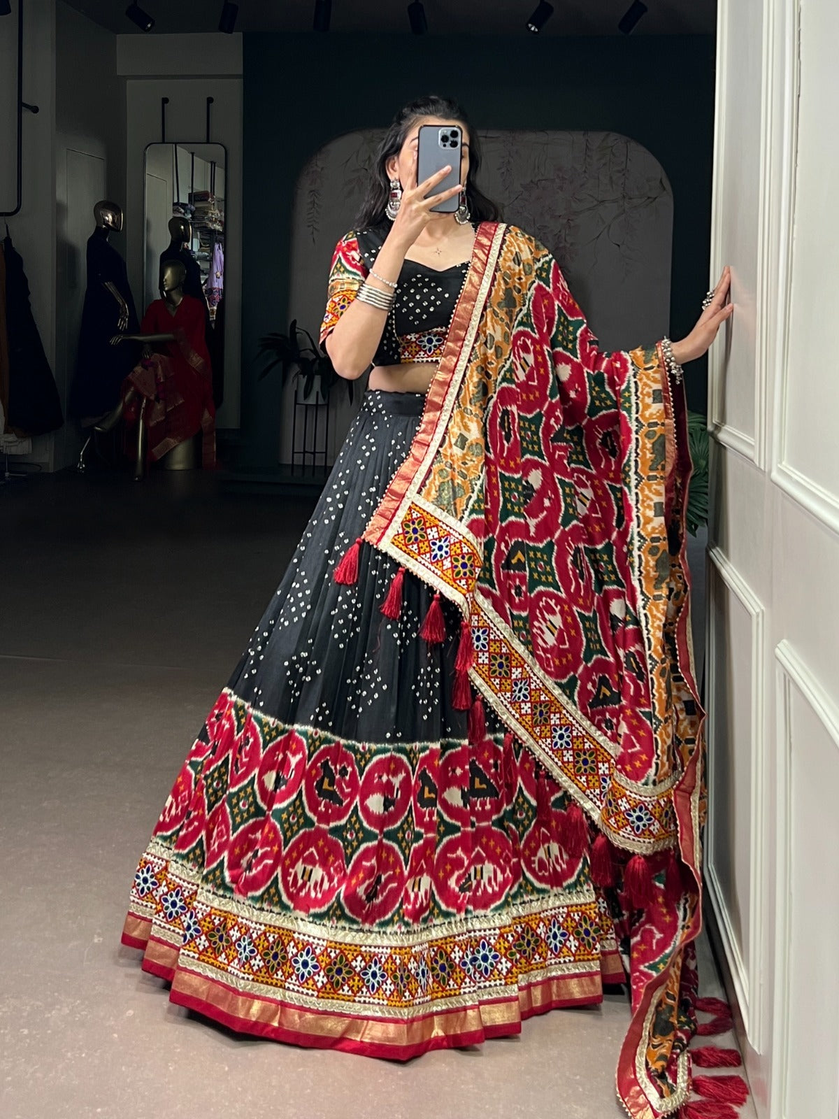 Navratri Special Chaniya Choly With Tasar Silk Print With Foil Work And Real Mirror Gamthi Work