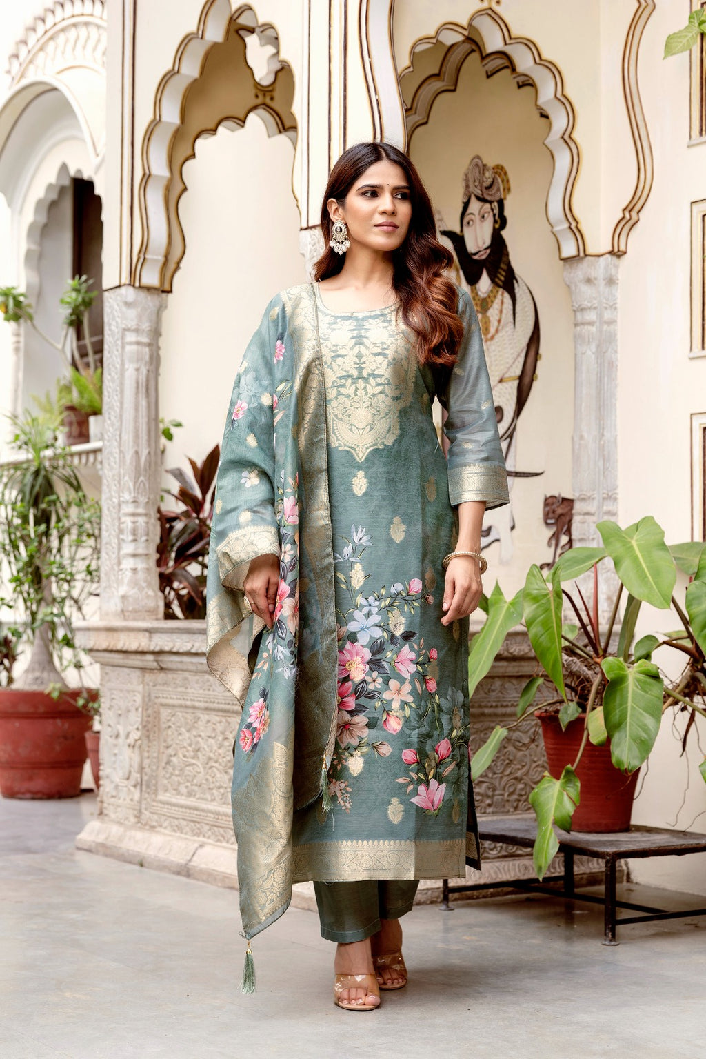Elegant Sea Green Banarasi Silk Suit Set with Floral Dupatta