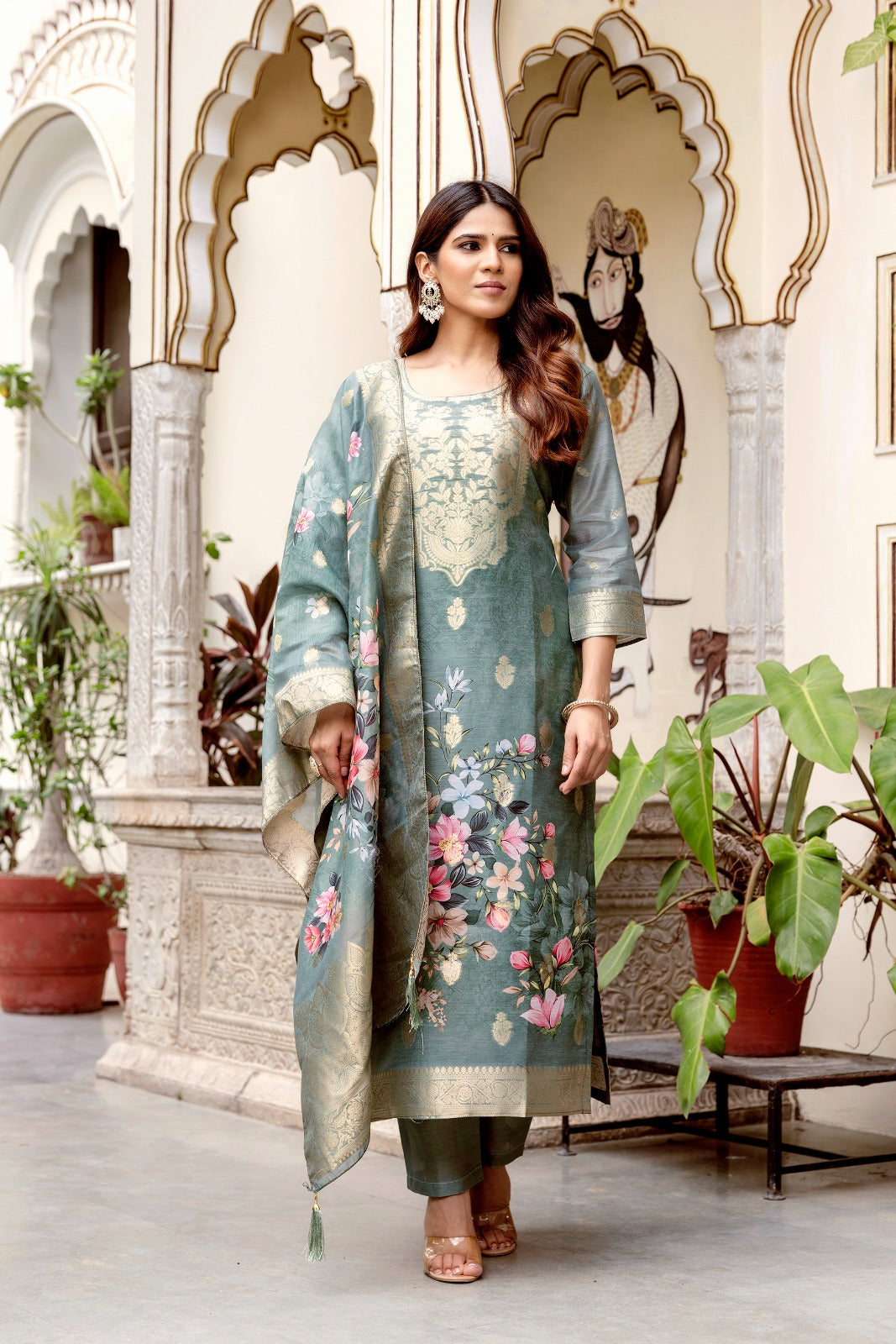 Elegant Sea Green Banarasi Silk Suit Set with Floral Dupatta