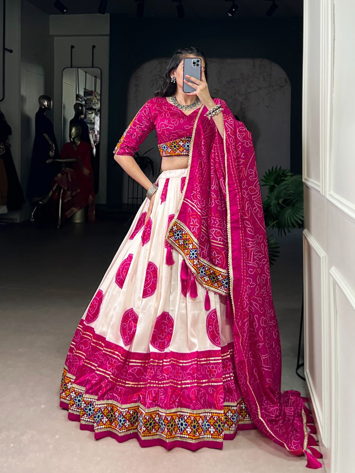 Today Presenting Navratri Chaniya Choly Tasar Silk Bandhej Print And Gamthi Work