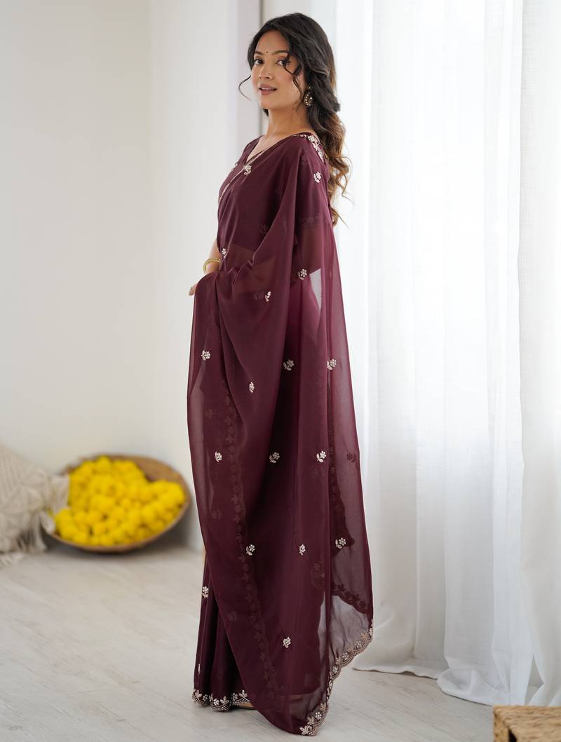 Dark Purple Georgette Saree With Embroidery & Moti Work