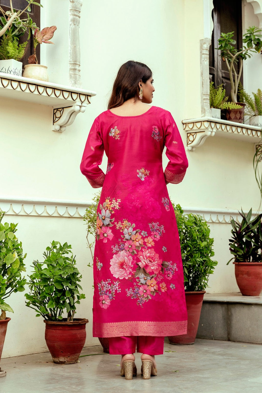 Elegant Pink Banarasi Silk Suit Set with Floral Dupatta