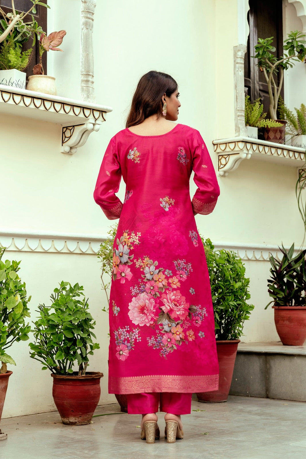 Elegant Pink Banarasi Silk Suit Set with Floral Dupatta