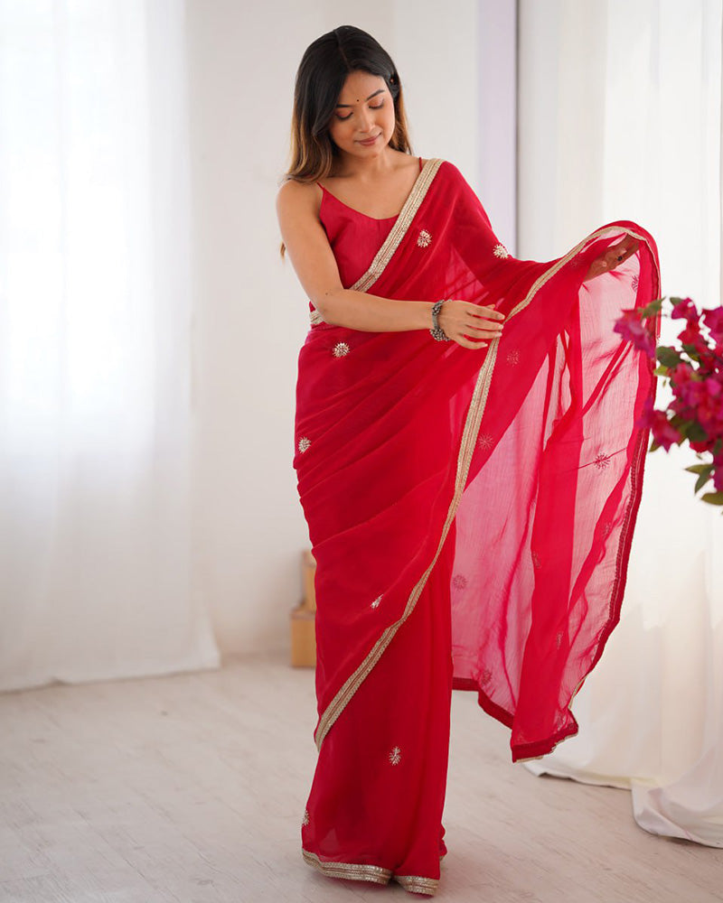 Rani Pink Color Smooth Fandy Embroidered Saree