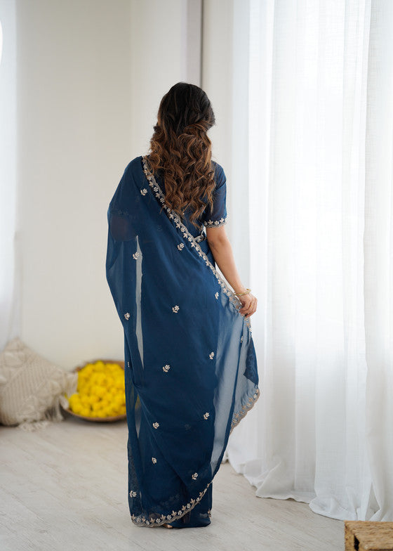 Blue Georgette Saree With Embroidery & Moti Work