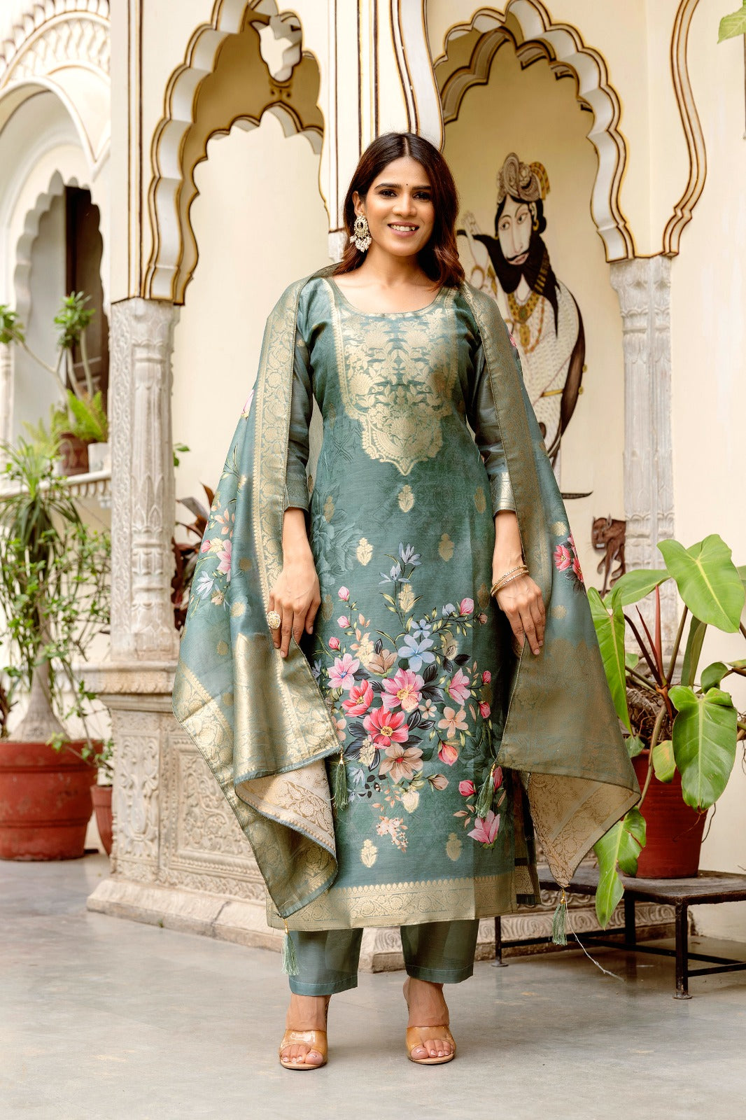 Elegant Sea Green Banarasi Silk Suit Set with Floral Dupatta