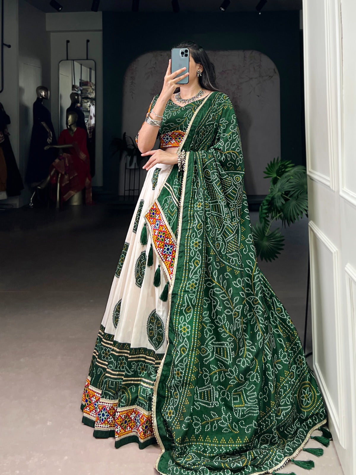 Presenting Navratri Chaniya Choly Tasar Silk Bandhej Print And Gamthi Work