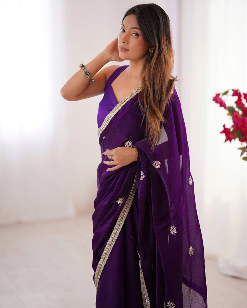 Purple Color Smooth Fandy Embroidered Saree