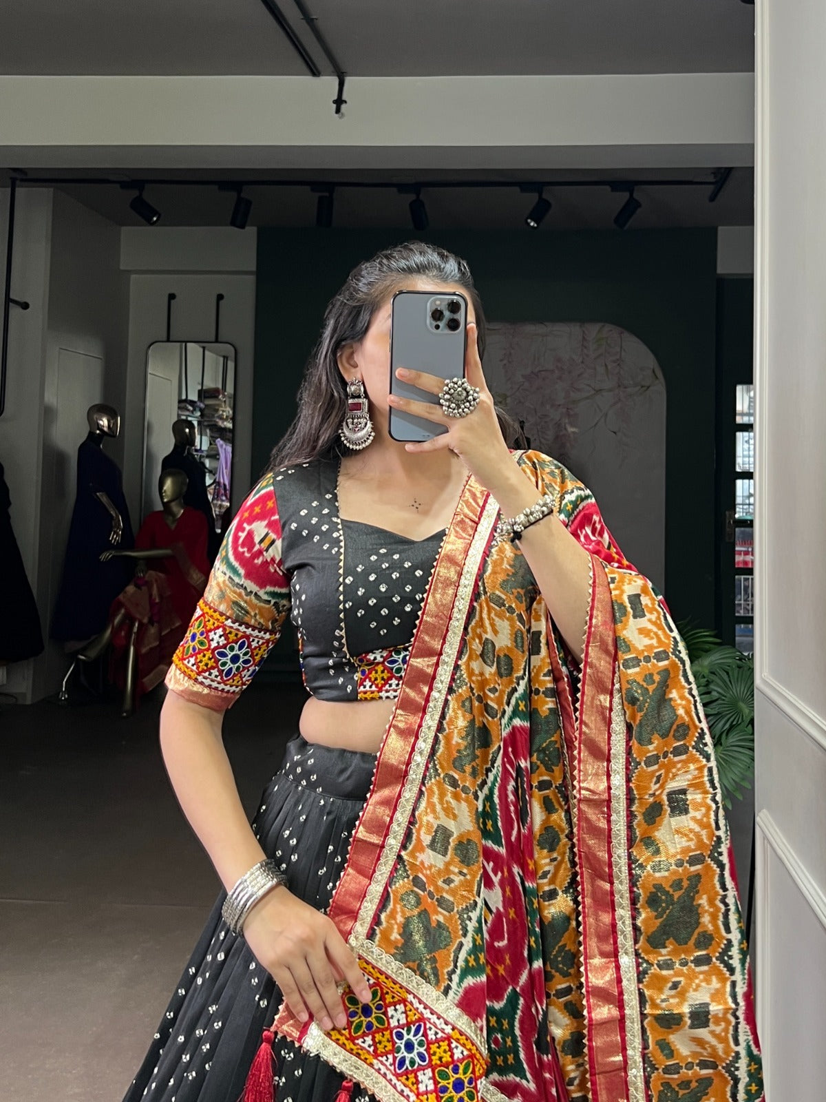 Navratri Special Chaniya Choly With Tasar Silk Print With Foil Work And Real Mirror Gamthi Work