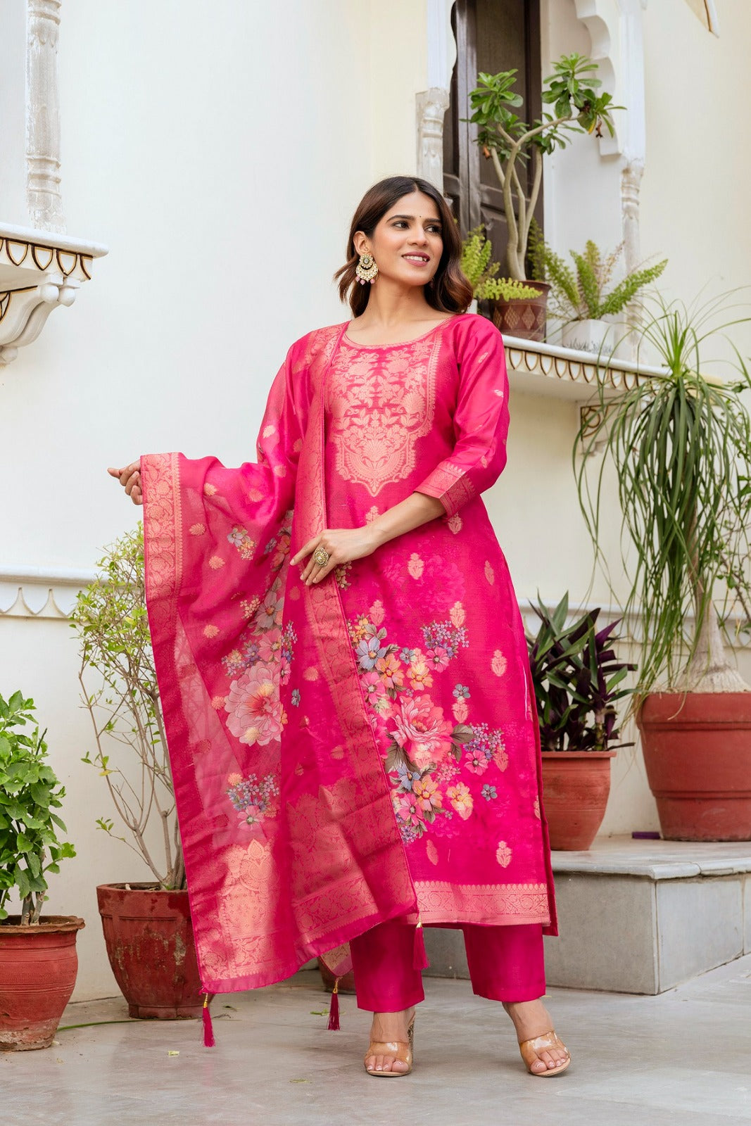 Elegant Pink Banarasi Silk Suit Set with Floral Dupatta
