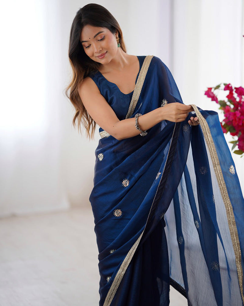 Navy Blue Color Smooth Fandy Embroidered Saree