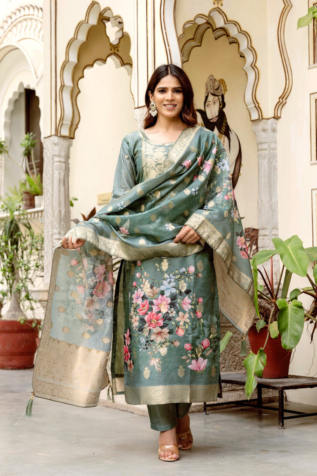 Elegant Sea Green Banarasi Silk Suit Set with Floral Dupatta