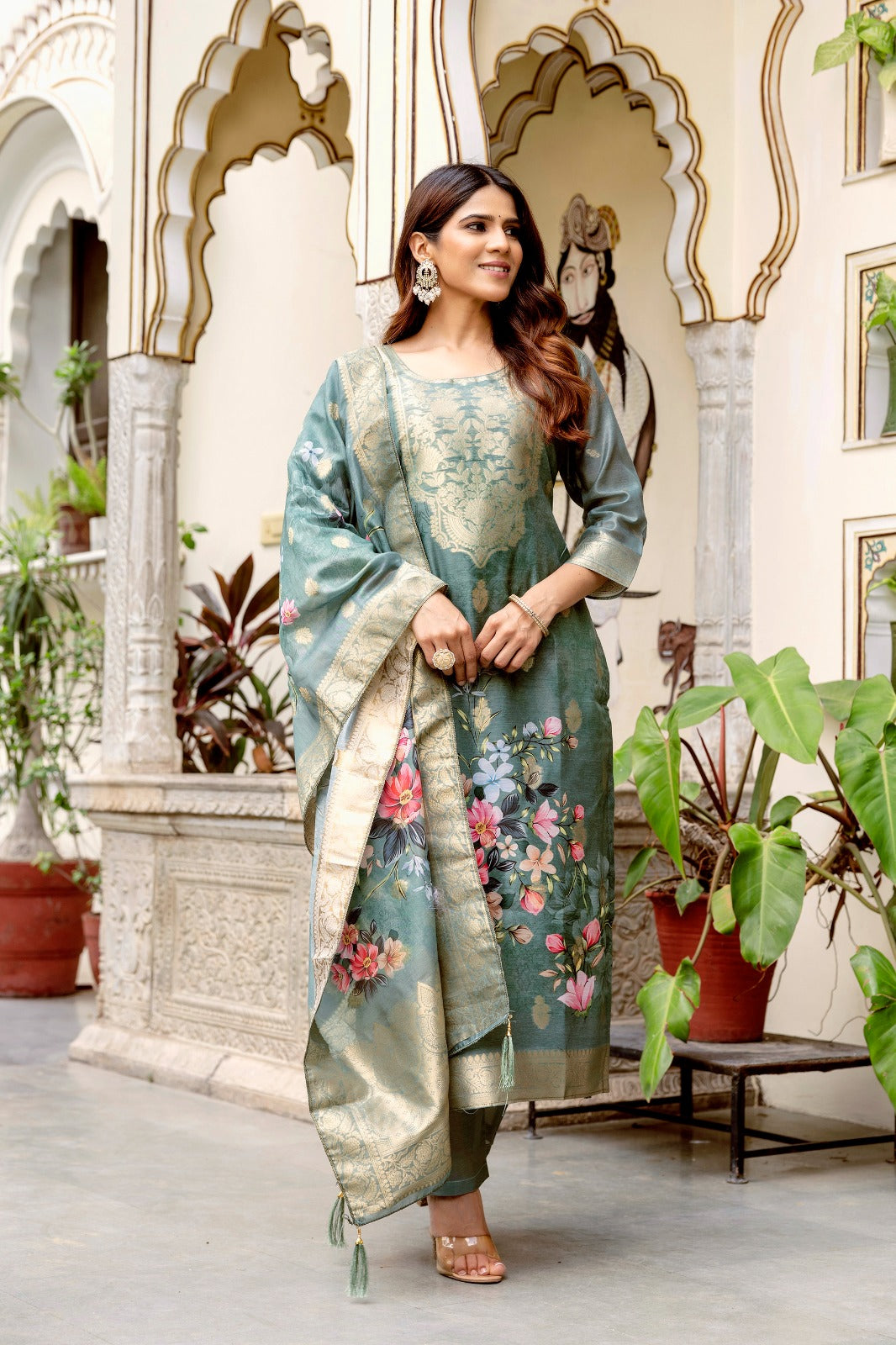 Elegant Sea Green Banarasi Silk Suit Set with Floral Dupatta