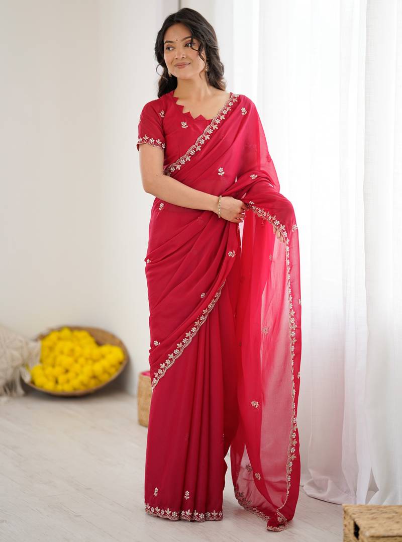 Rani Pink Georgette Saree With Embroidery & Moti Work