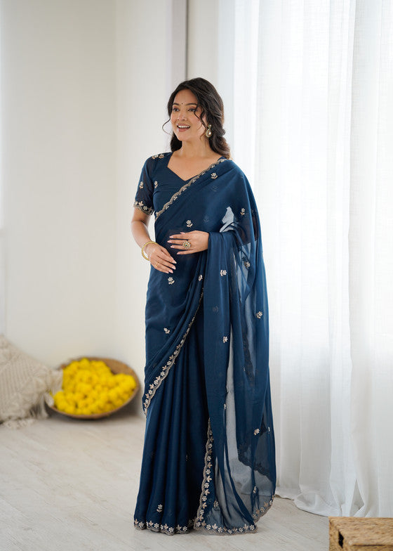 Blue Georgette Saree With Embroidery & Moti Work