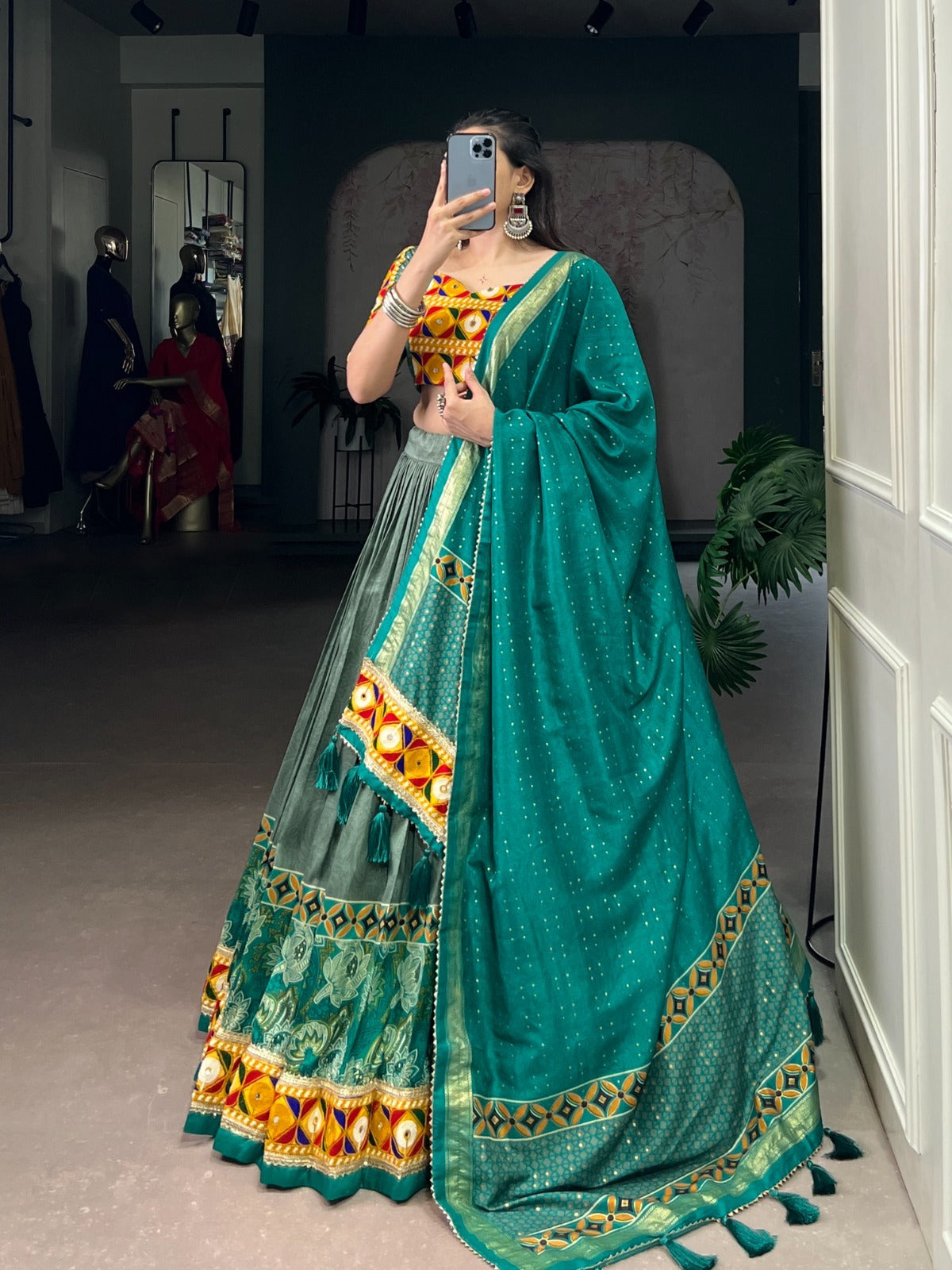 Navratri Special Chaniya Choly With Tasar Silk Print With Foil Work And Real Mirror Gamthi Work
