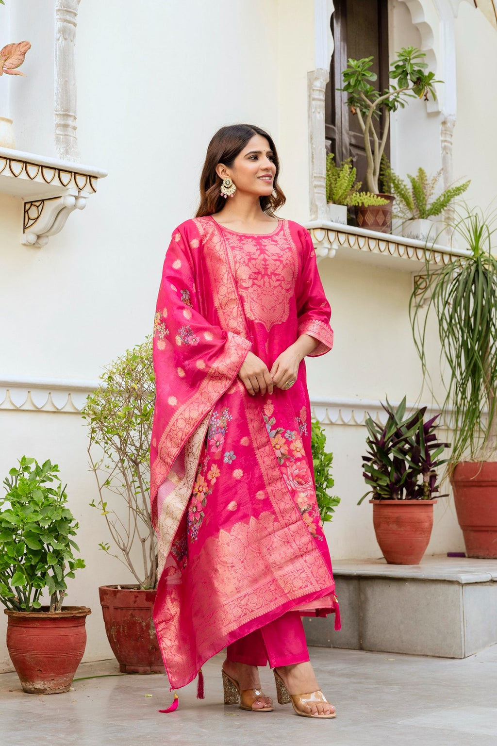 Elegant Pink Banarasi Silk Suit Set with Floral Dupatta