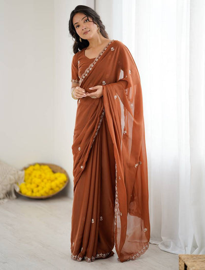 Rust Georgette Saree With Embroidery & Moti Work