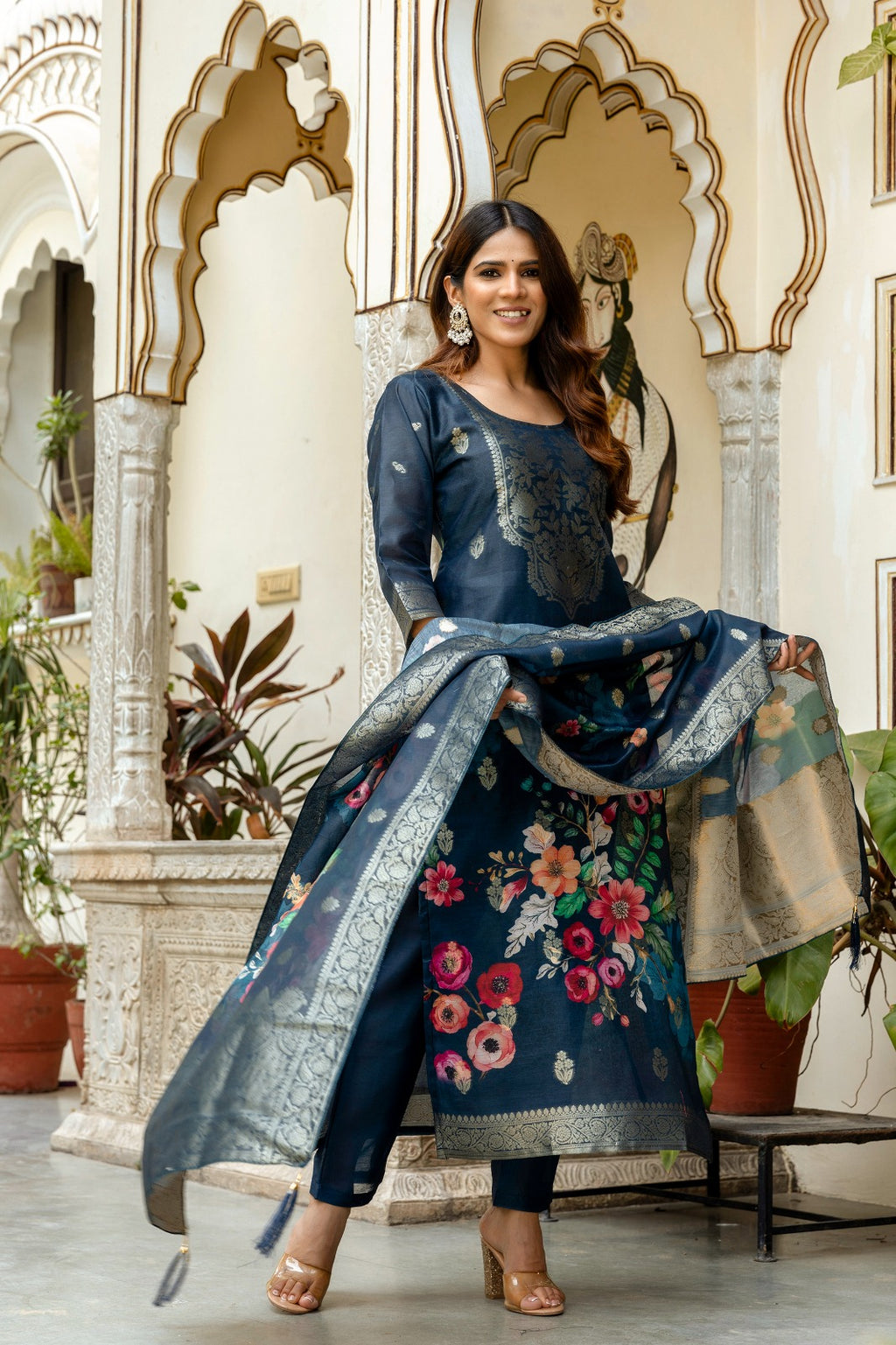 midnight blue Green Banarasi Silk Suit Set with Floral Dupatta