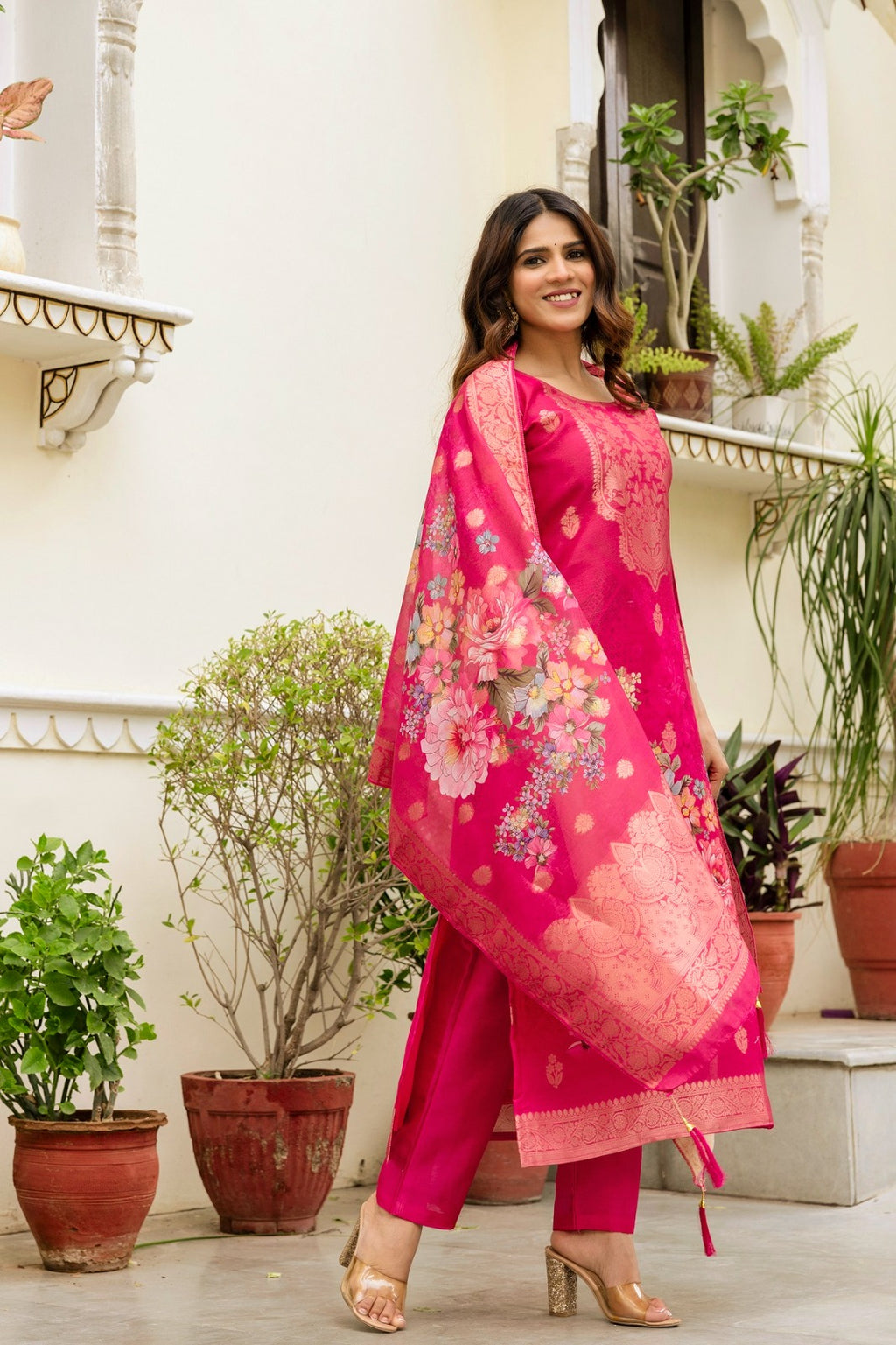 Elegant Pink Banarasi Silk Suit Set with Floral Dupatta