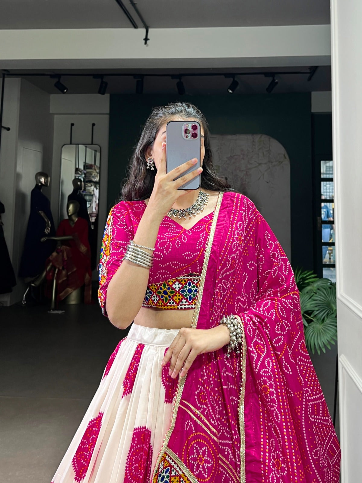 Today Presenting Navratri Chaniya Choly Tasar Silk Bandhej Print And Gamthi Work
