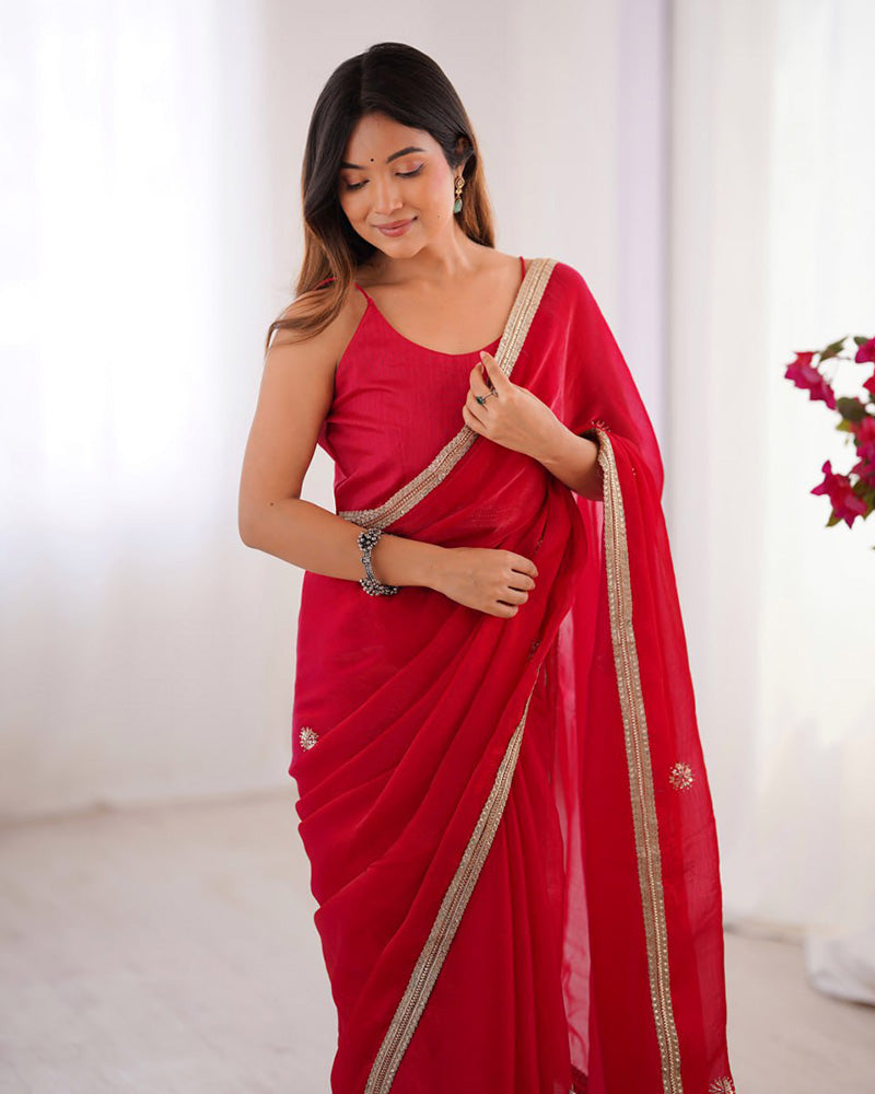 Rani Pink Color Smooth Fandy Embroidered Saree