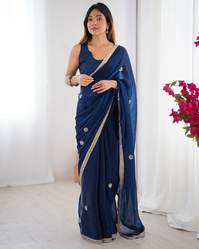Navy Blue Color Smooth Fandy Embroidered Saree