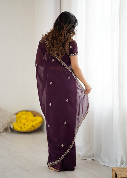 Wine Georgette Saree With Embroidery & Moti Work