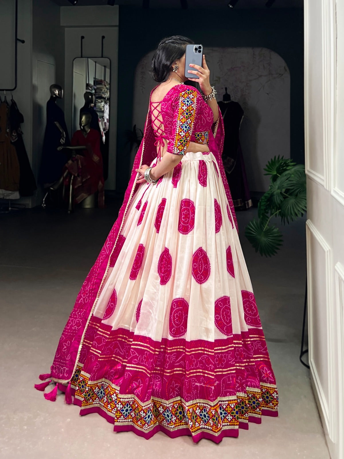 Today Presenting Navratri Chaniya Choly Tasar Silk Bandhej Print And Gamthi Work