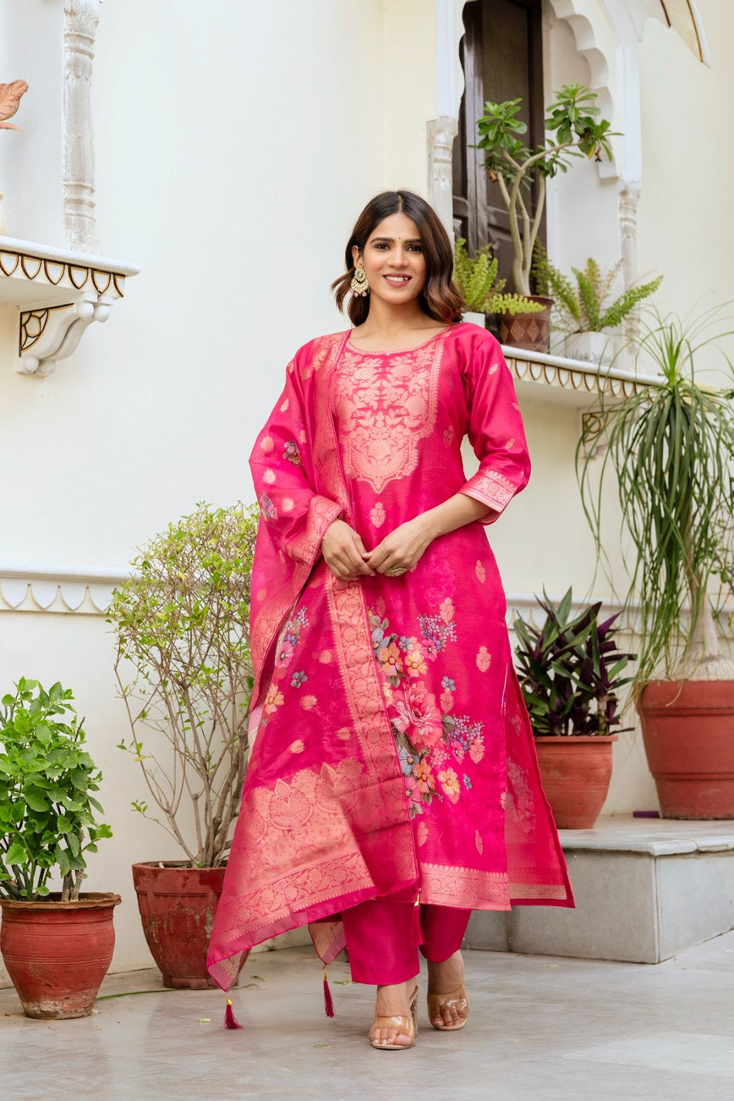 Elegant Pink Banarasi Silk Suit Set with Floral Dupatta
