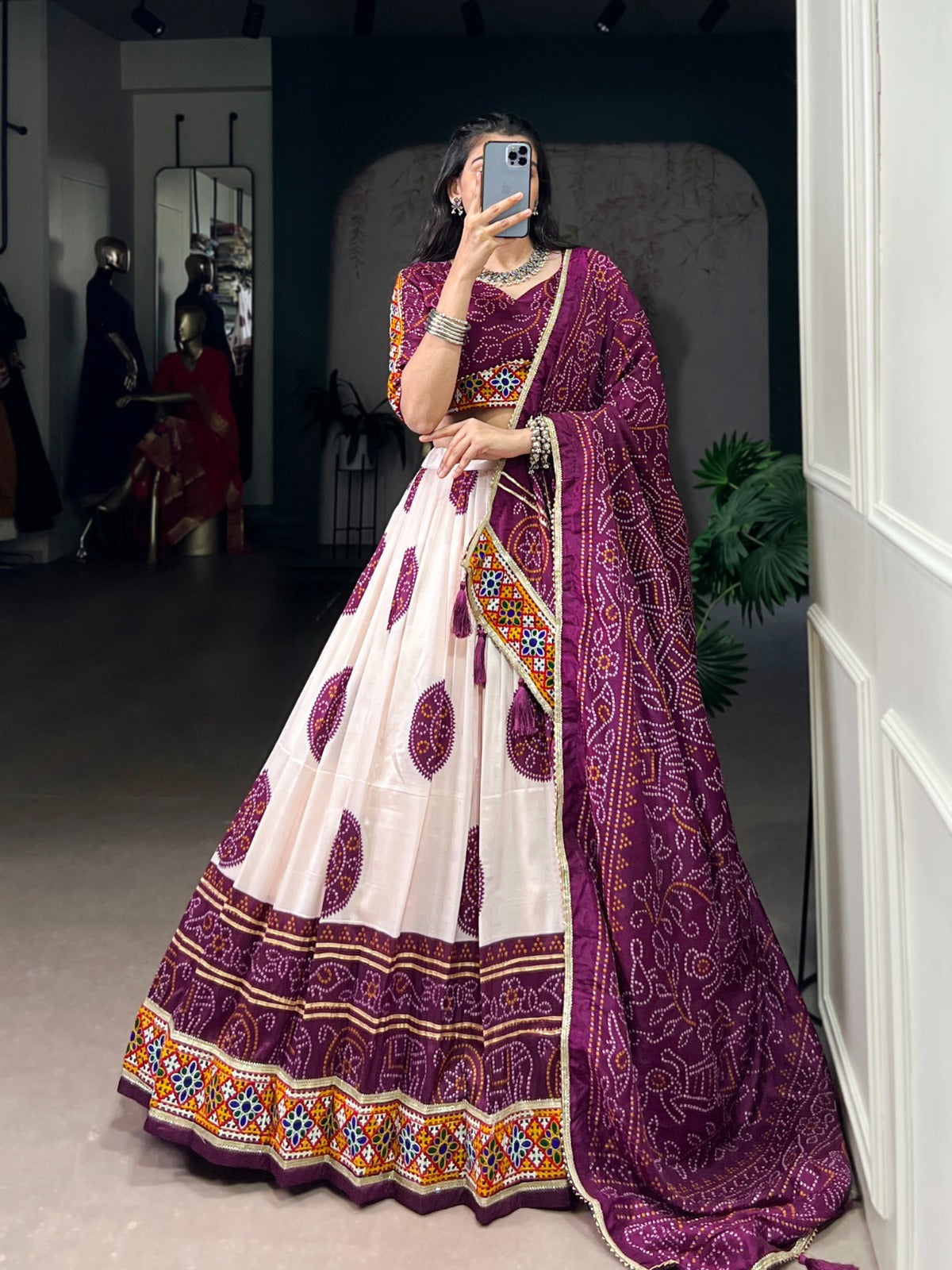 Presenting Navratri Chaniya Choly Tasar Silk Bandhej Print And Gamthi Work