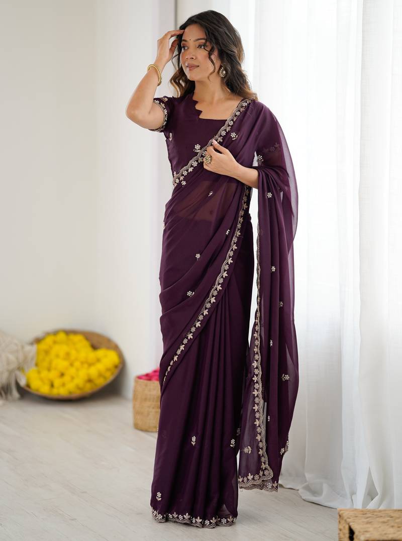 Wine Georgette Saree With Embroidery & Moti Work