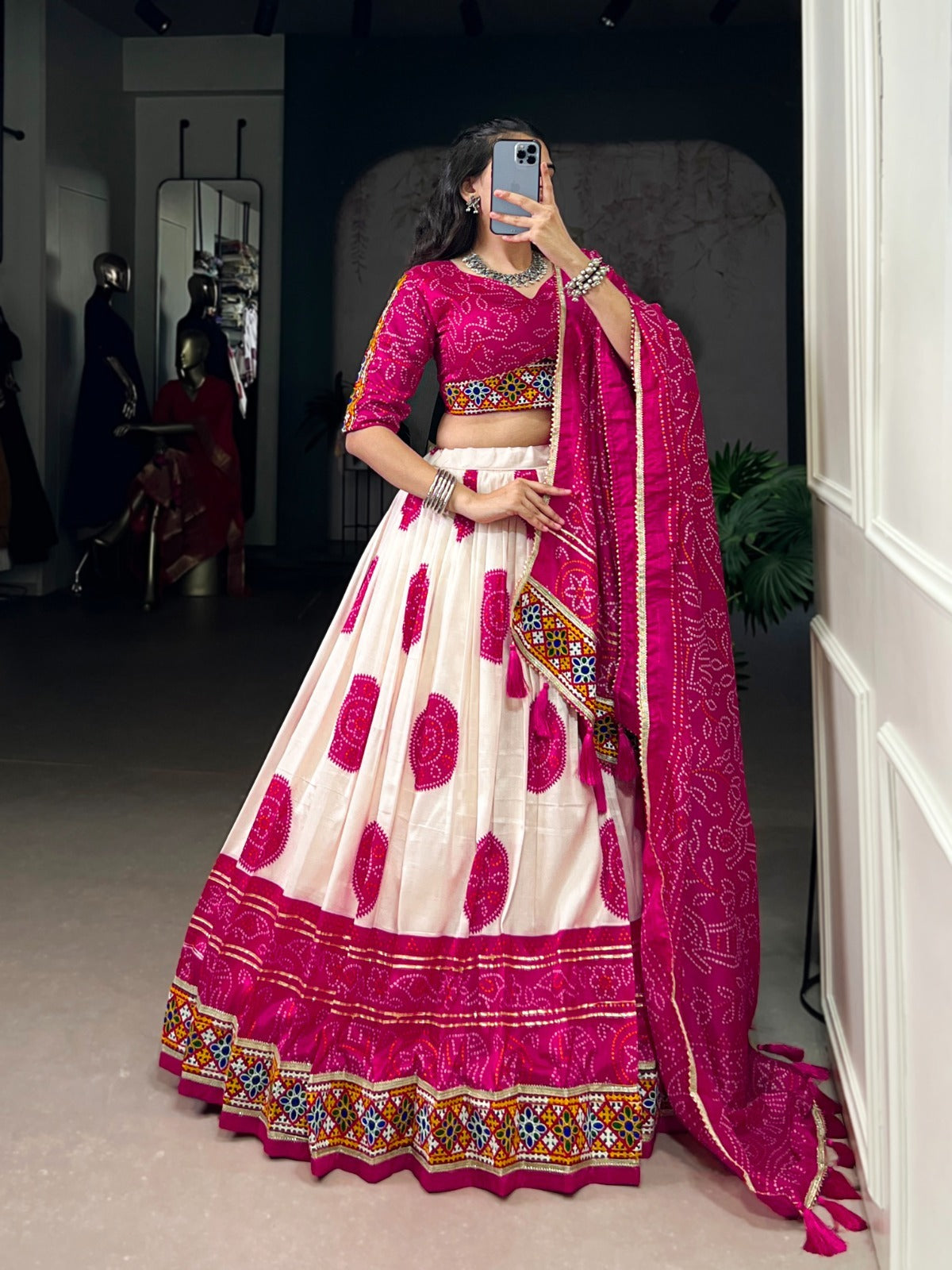 Today Presenting Navratri Chaniya Choly Tasar Silk Bandhej Print And Gamthi Work