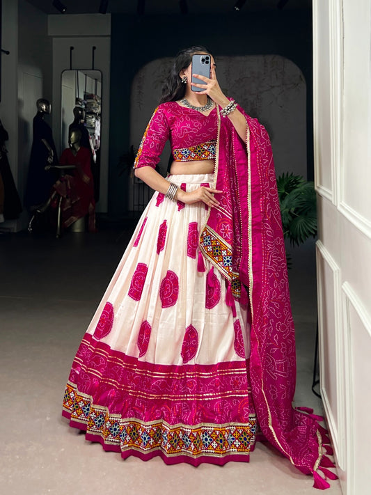 Today Presenting Navratri Chaniya Choly Tasar Silk Bandhej Print And Gamthi Work