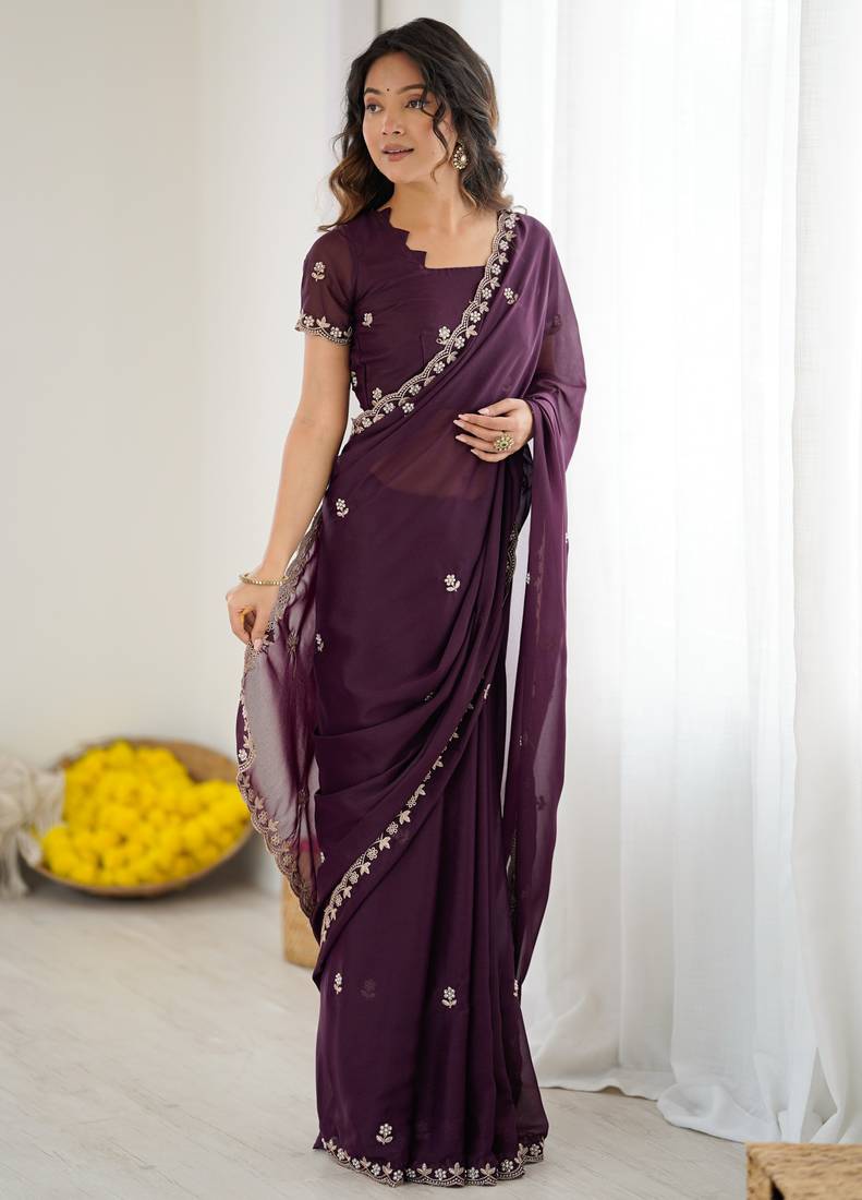 Wine Georgette Saree With Embroidery & Moti Work