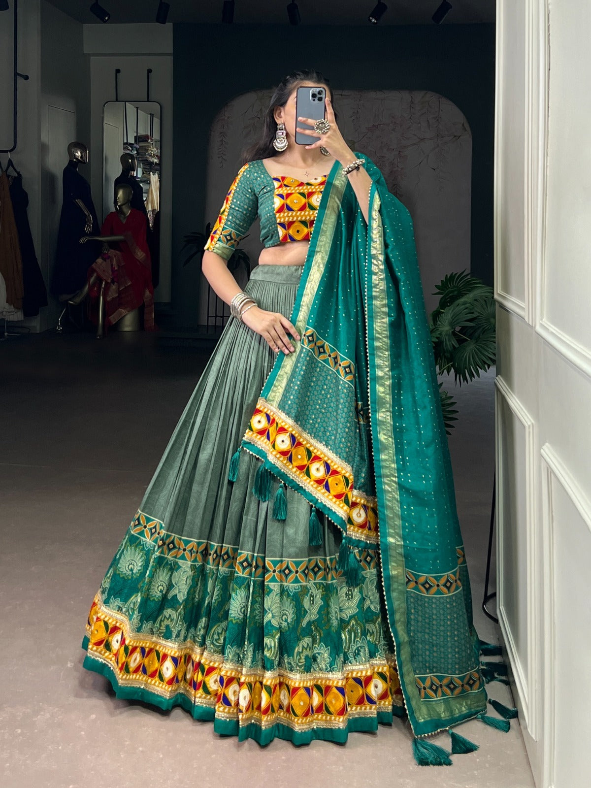 Navratri Special Chaniya Choly With Tasar Silk Print With Foil Work And Real Mirror Gamthi Work