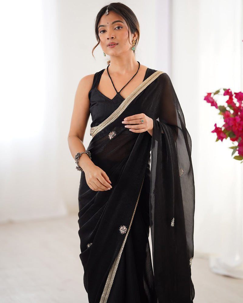 Black Color Smooth Fandy Embroidered Saree