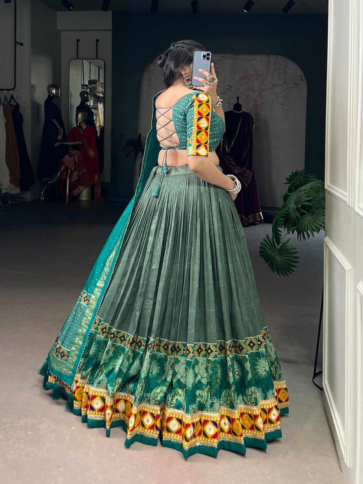 Navratri Special Chaniya Choly With Tasar Silk Print With Foil Work And Real Mirror Gamthi Work