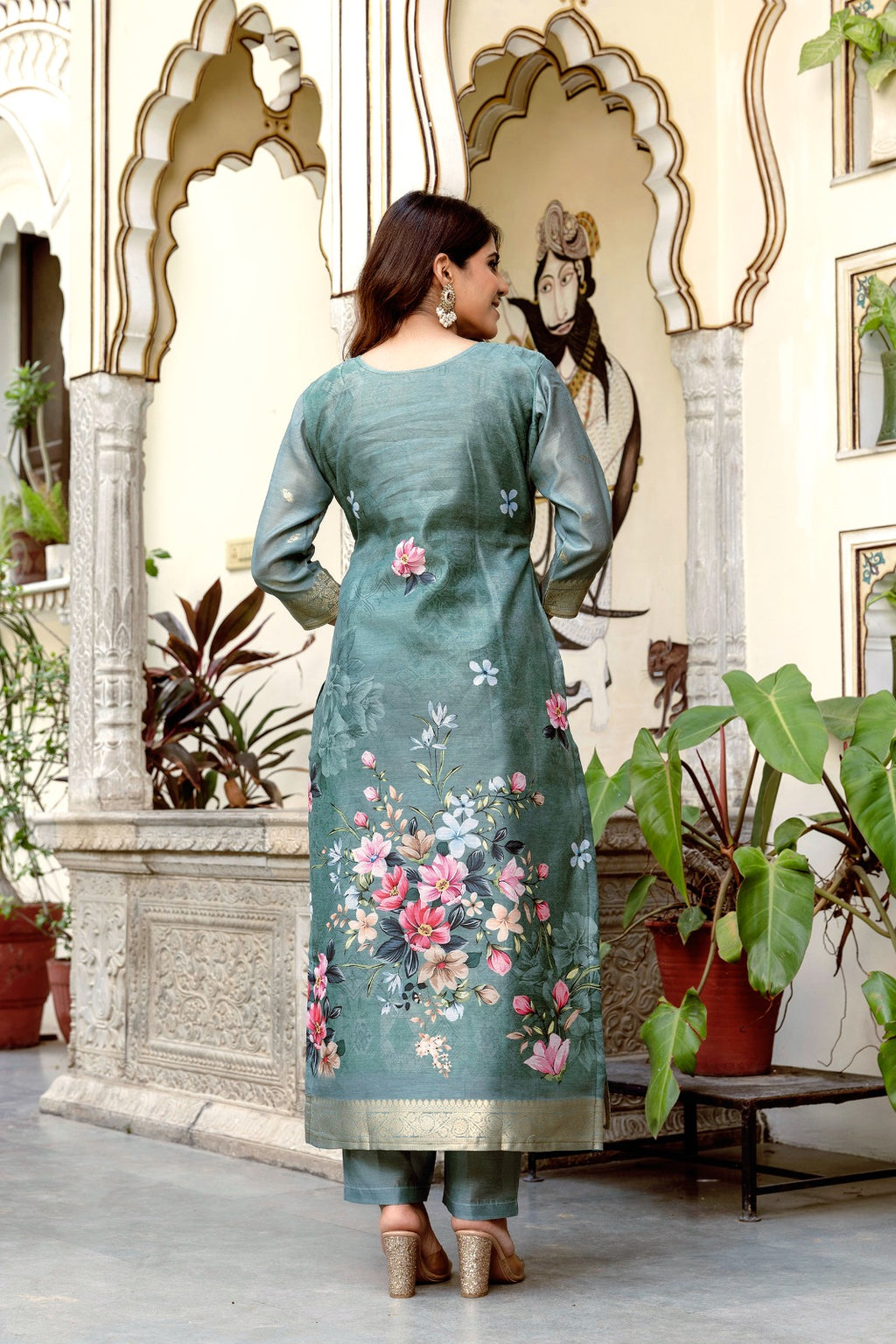 Elegant Sea Green Banarasi Silk Suit Set with Floral Dupatta