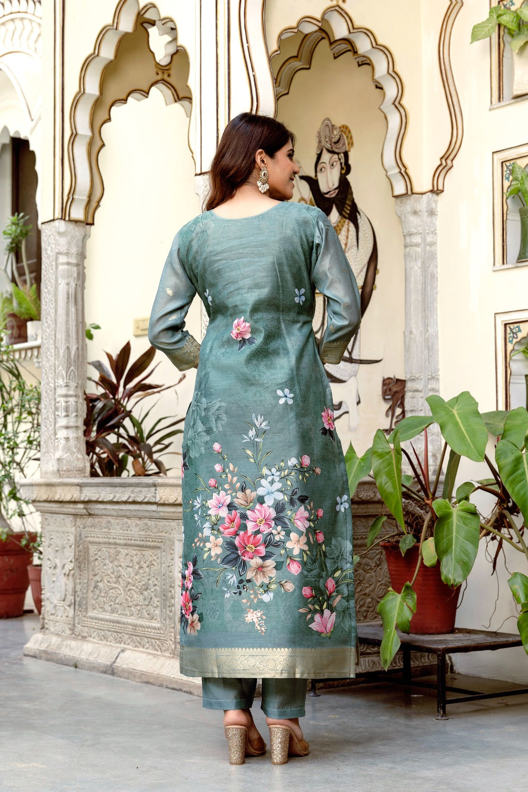 Elegant Sea Green Banarasi Silk Suit Set with Floral Dupatta