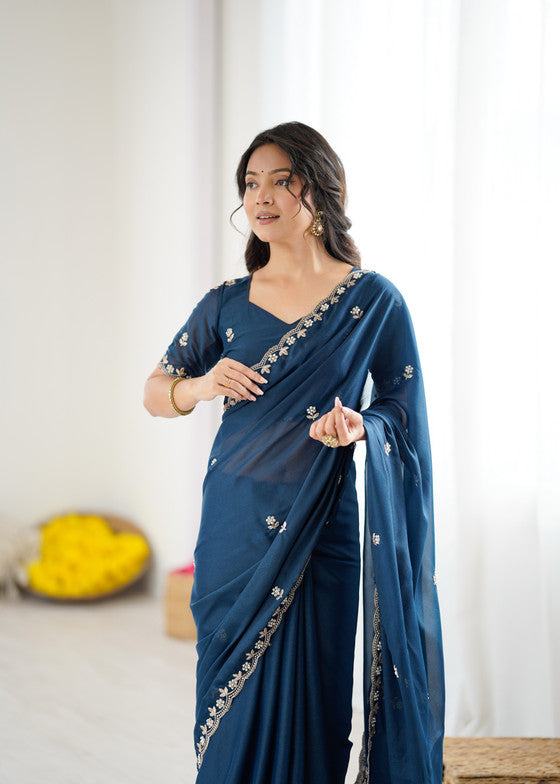Blue Georgette Saree With Embroidery & Moti Work