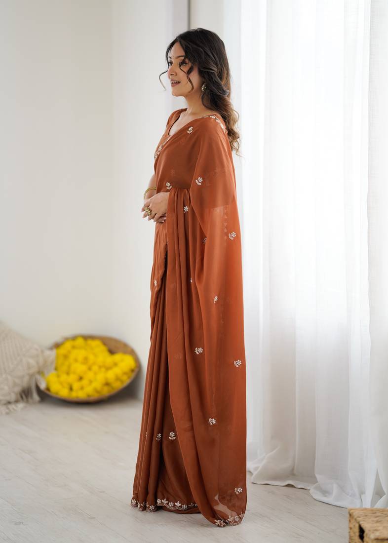 Rust Georgette Saree With Embroidery & Moti Work