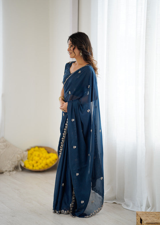 Blue Georgette Saree With Embroidery & Moti Work