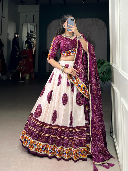 Presenting Navratri Chaniya Choly Tasar Silk Bandhej Print And Gamthi Work