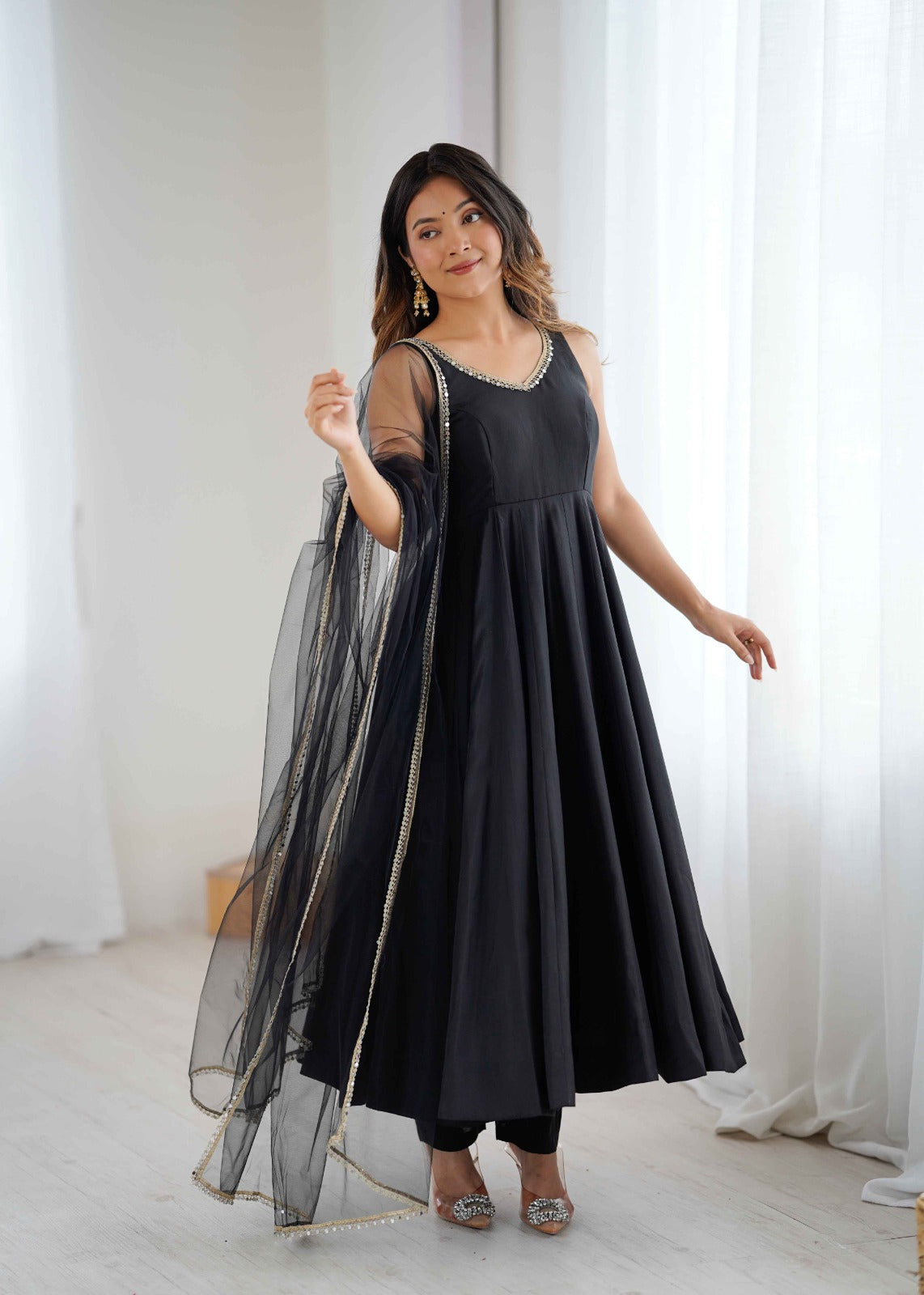 Black Color Chanderi Pure Roman Silk Anarkali Suit